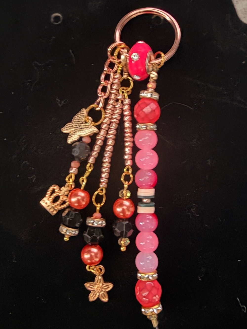 Beaded Pink & Red Charm Keychain / Bag Bling with Gold Accents